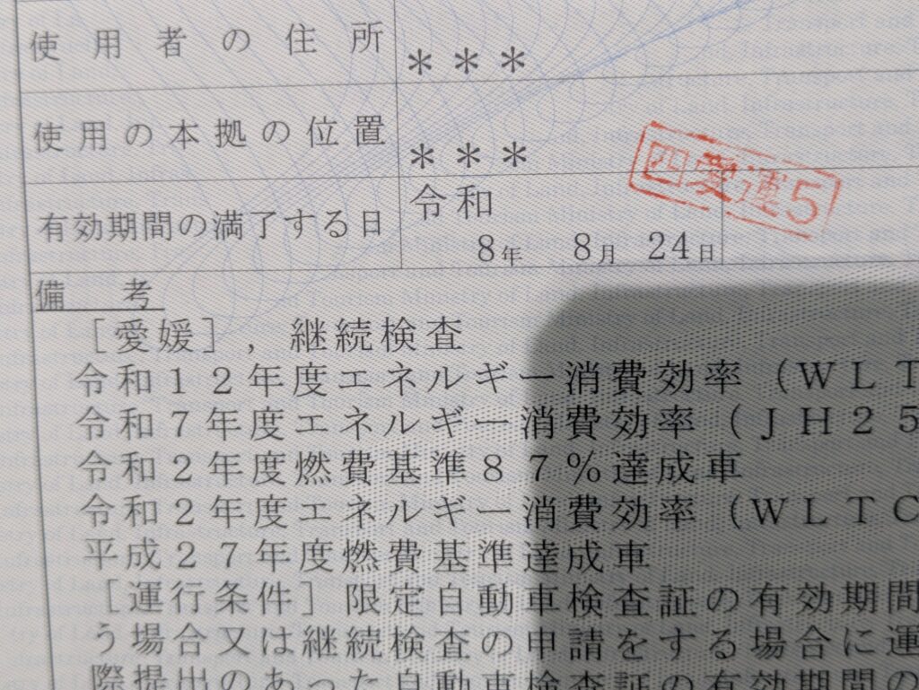 ジュークの限定自動車検査証に記載された令和8年8月24日の有効期間
