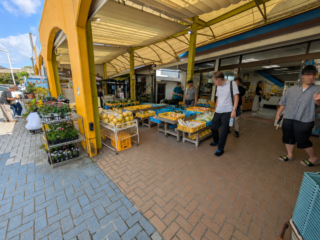 道の駅みしょうMICの入口に並ぶ愛南町の野菜や果物